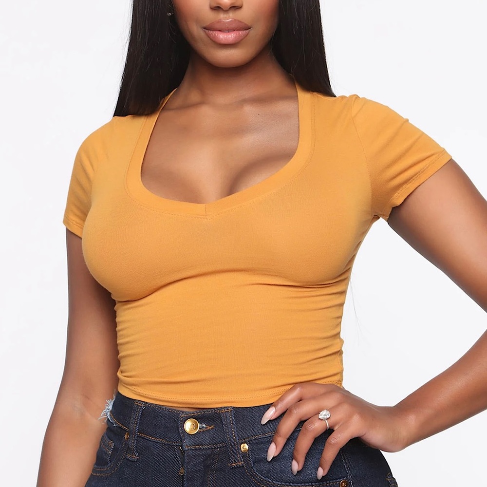 Fashion Nova Carly V Neck Crop Tee Mustard